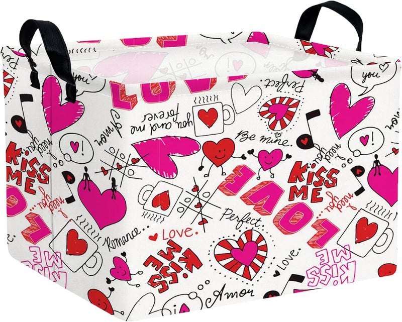 BOOHIT Valentines Day Basket Large Foldable Heart Shaped Storage Box for Gifts Kids Empty Storage Bins Rectangular Toy Organizer Decor (Cartoon Love) - Image 1